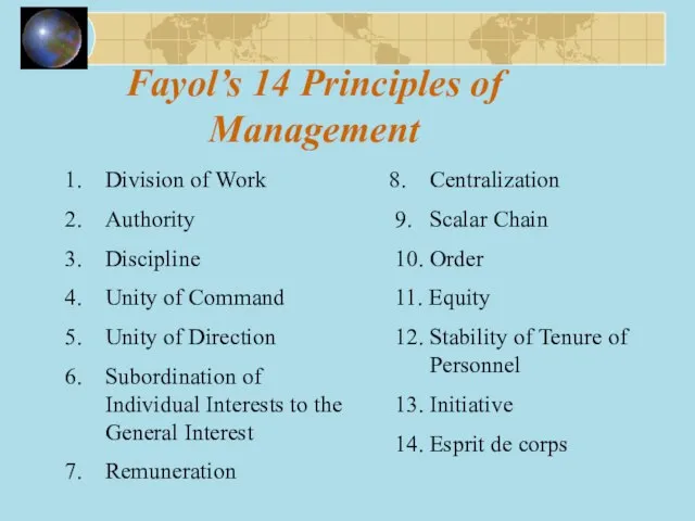 Fayol’s 14 Principles of Management Division of Work Authority Discipline Unity of