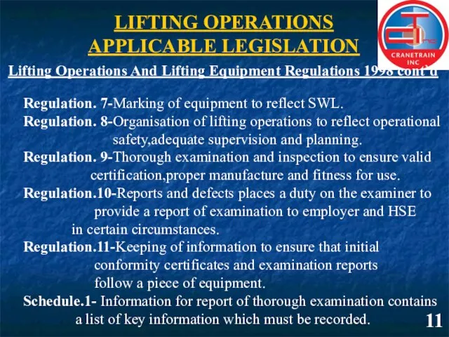 LIFTING OPERATIONS APPLICABLE LEGISLATION 11 Lifting Operations And Lifting Equipment Regulations 1998