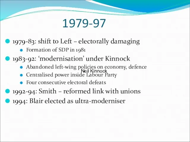 1979-97 1979-83: shift to Left – electorally damaging Formation of SDP in