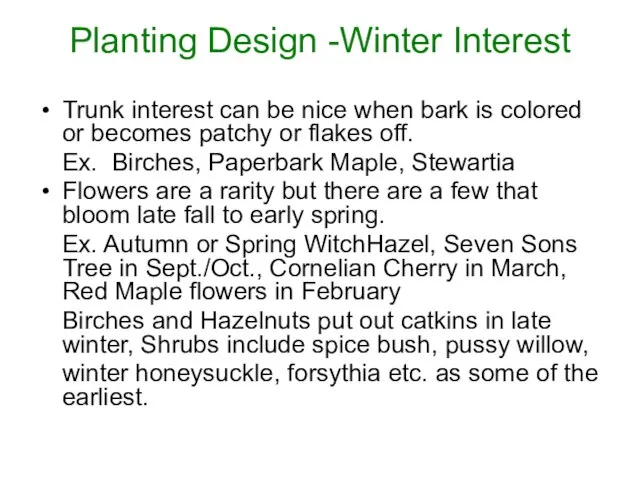 Planting Design -Winter Interest Trunk interest can be nice when bark is
