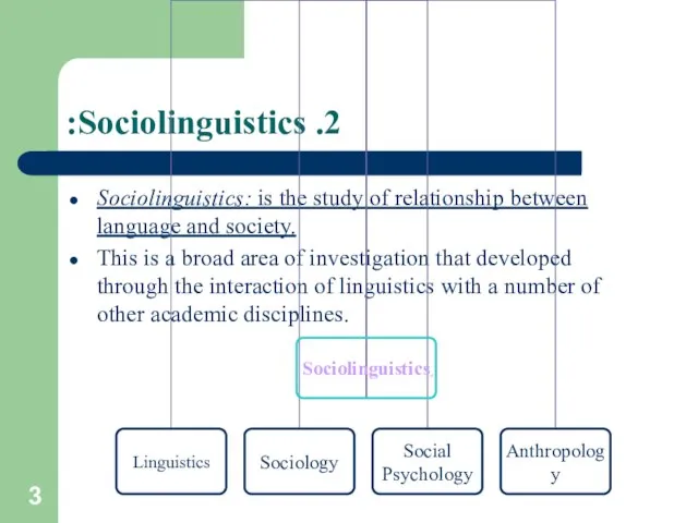 2. Sociolinguistics: Sociolinguistics: is the study of relationship between language and society.