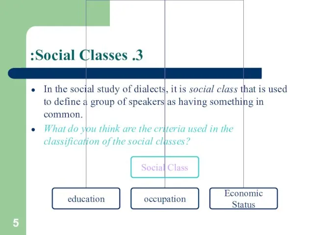 3. Social Classes: In the social study of dialects, it is social