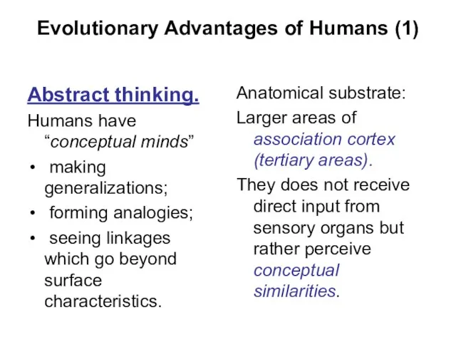 Evolutionary Advantages of Humans (1) Abstract thinking. Humans have “conceptual minds” making