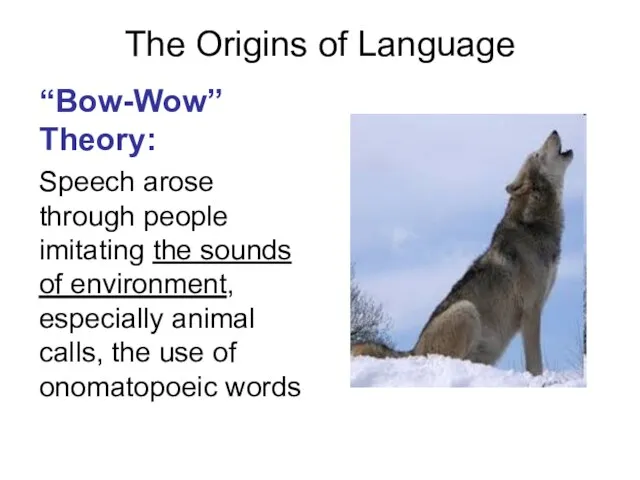 The Origins of Language “Bow-Wow” Theory: Speech arose through people imitating the