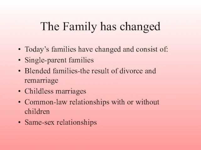 The Family has changed Today’s families have changed and consist of: Single-parent