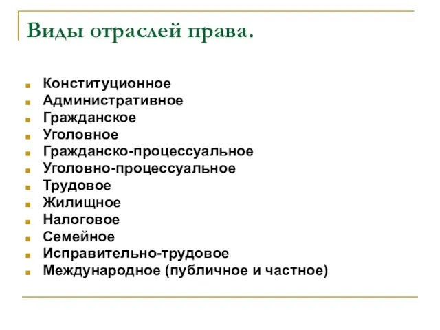 Виды отраслей права. Конституционное Административное Гражданское Уголовное Гражданско-процессуальное Уголовно-процессуальное Трудовое Жилищное Налоговое