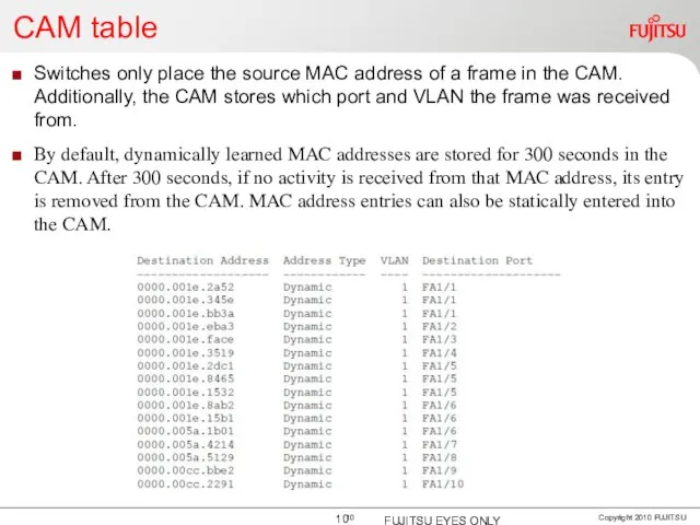 CAM table Switches only place the source MAC address of a frame