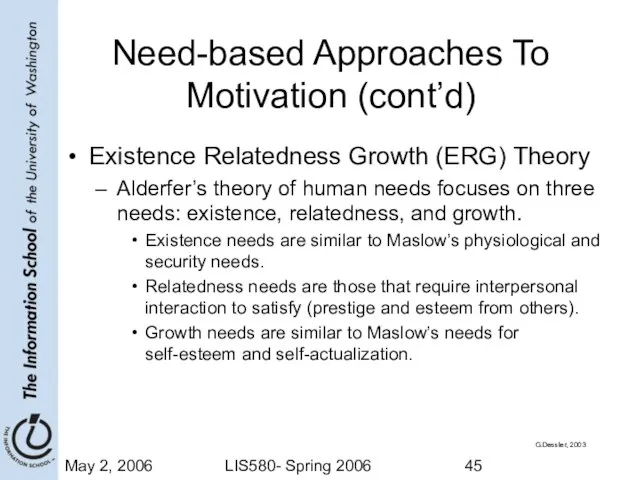 May 2, 2006 LIS580- Spring 2006 Need-based Approaches To Motivation (cont’d) Existence