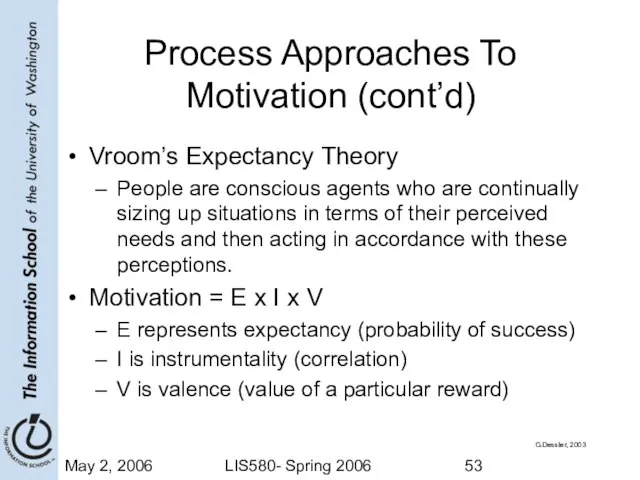 May 2, 2006 LIS580- Spring 2006 Process Approaches To Motivation (cont’d) Vroom’s