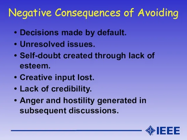 Negative Consequences of Avoiding Decisions made by default. Unresolved issues. Self-doubt created