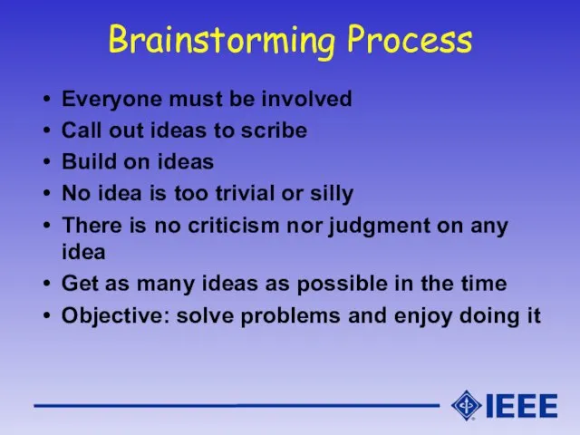 Brainstorming Process Everyone must be involved Call out ideas to scribe Build