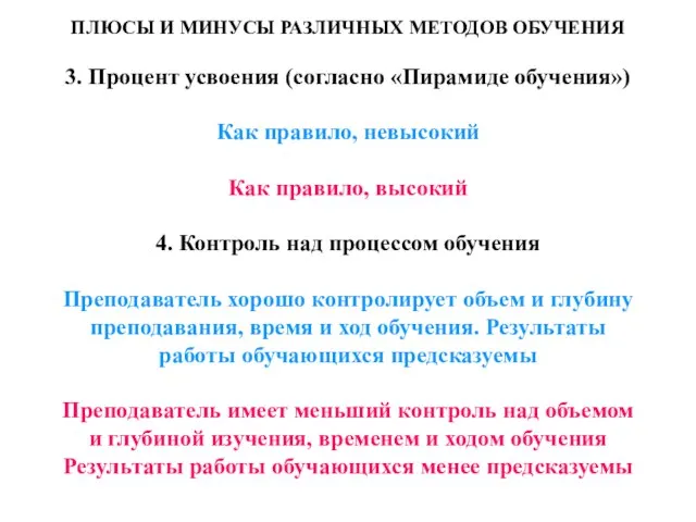 ПЛЮСЫ И МИНУСЫ РАЗЛИЧНЫХ МЕТОДОВ ОБУЧЕНИЯ 3. Процент усвоения (согласно «Пирамиде обучения»)