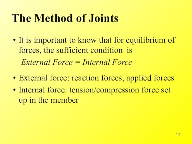 The Method of Joints It is important to know that for equilibrium