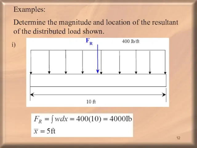 Examples: Determine the magnitude and location of the resultant of the distributed load shown. i)