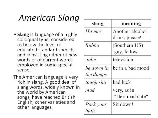 American Slang Slang is language of a highly colloquial type, considered as