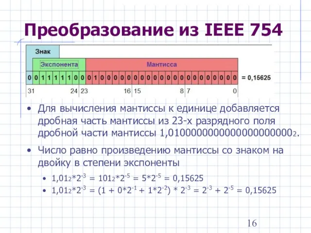 Преобразование из IEEE 754 Для вычисления мантиссы к единице добавляется дробная часть