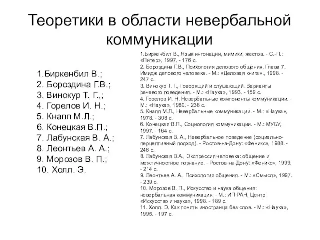 Теоретики в области невербальной коммуникации 1.Биркенбил В.; 2. Бороздина Г.В.; 3. Винокур