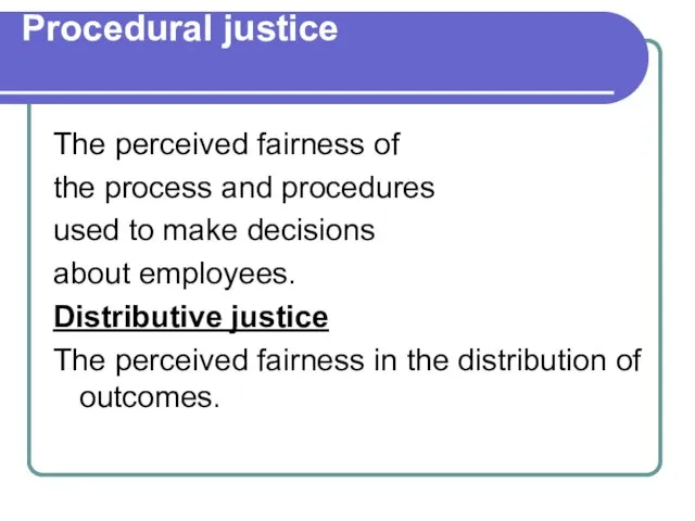 Procedural justice The perceived fairness of the process and procedures used to