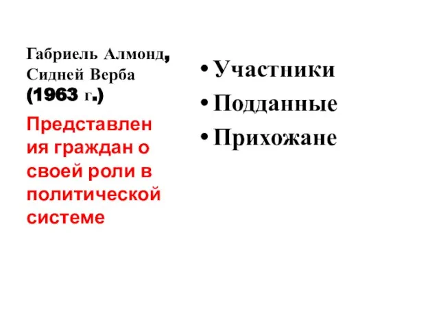 Габриель Алмонд, Сидней Верба (1963 г.) Участники Подданные Прихожане Представления граждан о