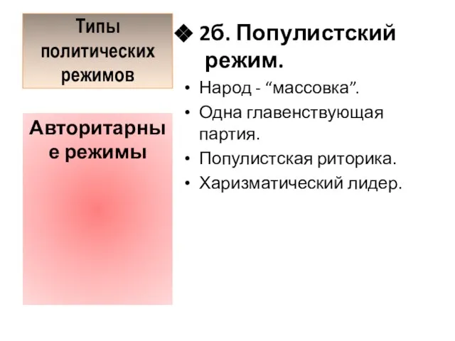 Типы политических режимов 2б. Популистский режим. Народ - “массовка”. Одна главенствующая партия.