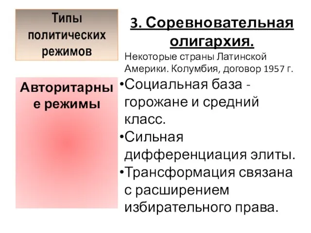 Типы политических режимов 3. Соревновательная олигархия. Некоторые страны Латинской Америки. Колумбия, договор