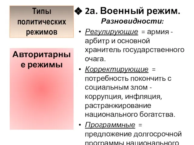 Типы политических режимов 2а. Военный режим. Разновидности: Регулирующие = армия - арбитр