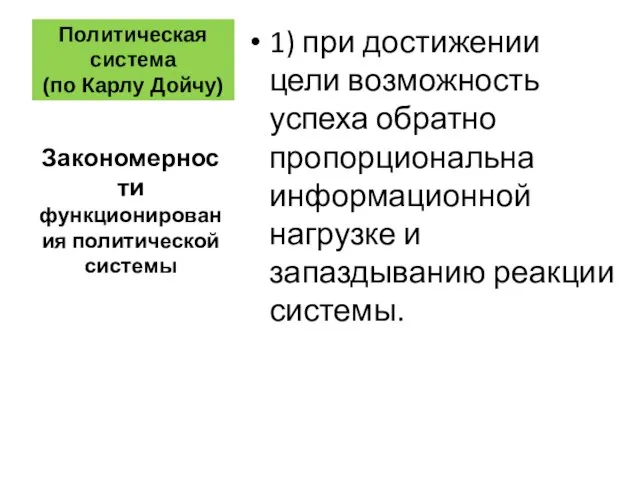 Политическая система (по Карлу Дойчу) 1) при достижении цели возможность успеха обратно