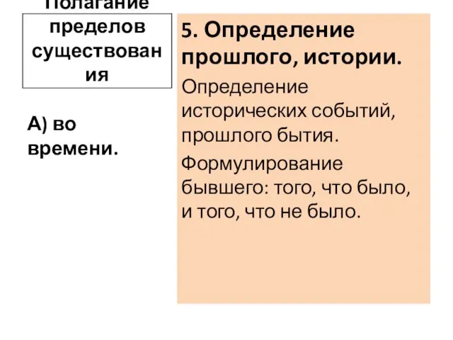 Полагание пределов существования 5. Определение прошлого, истории. Определение исторических событий, прошлого бытия.