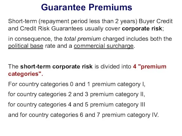Guarantee Premiums Short-term (repayment period less than 2 years) Buyer Credit and