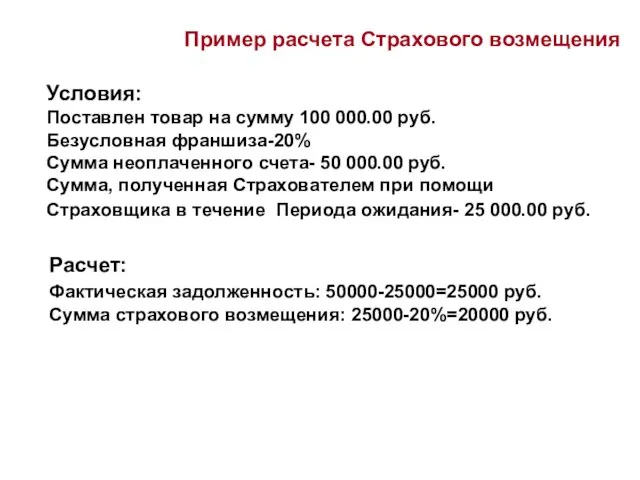 Условия: Поставлен товар на сумму 100 000.00 руб. Безусловная франшиза-20% Сумма неоплаченного