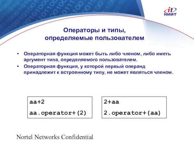 Nortel Networks Confidential Операторы и типы, определяемые пользователем Операторная функция может быть