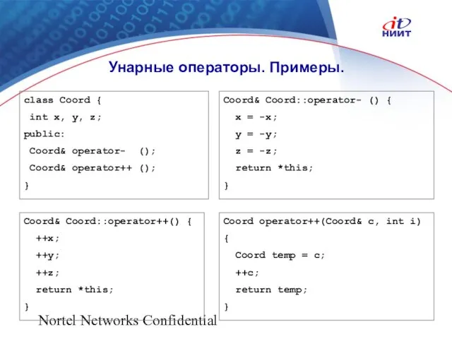 Nortel Networks Confidential Унарные операторы. Примеры. class Coord { int x, y,