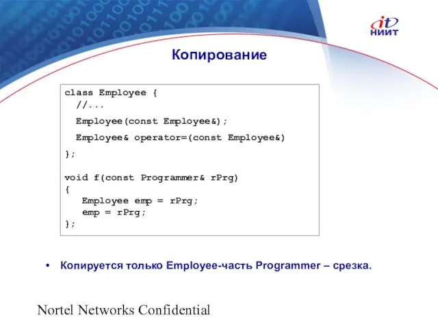 Nortel Networks Confidential Копирование Копируется только Employee-часть Programmer – срезка. class Employee