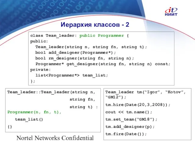 Nortel Networks Confidential Иерархия классов - 2 class Team_leader: public Programmer {