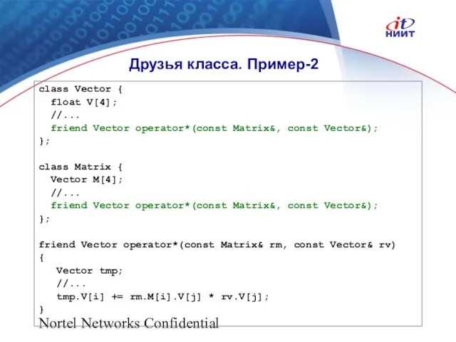 Nortel Networks Confidential Друзья класса. Пример-2 class Vector { float V[4]; //...