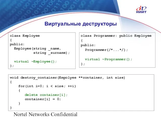 Nortel Networks Confidential Виртуальные деструкторы class Employee { public: Employee(string _name, string