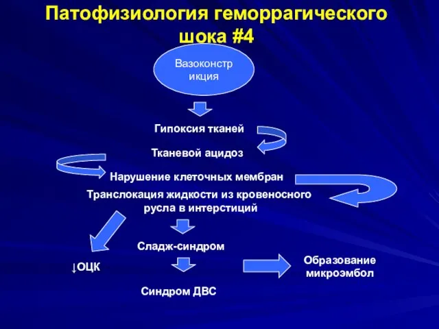 Вазоконстрикция Гипоксия тканей Тканевой ацидоз Нарушение клеточных мембран Транслокация жидкости из кровеносного