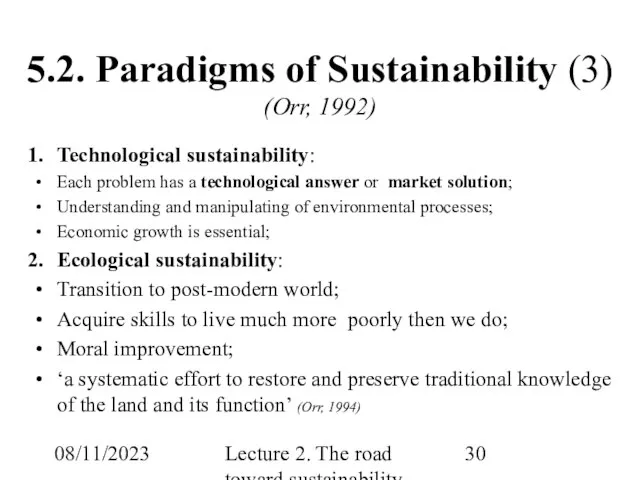 08/11/2023 Lecture 2. The road toward sustainability 5.2. Paradigms of Sustainability (3)