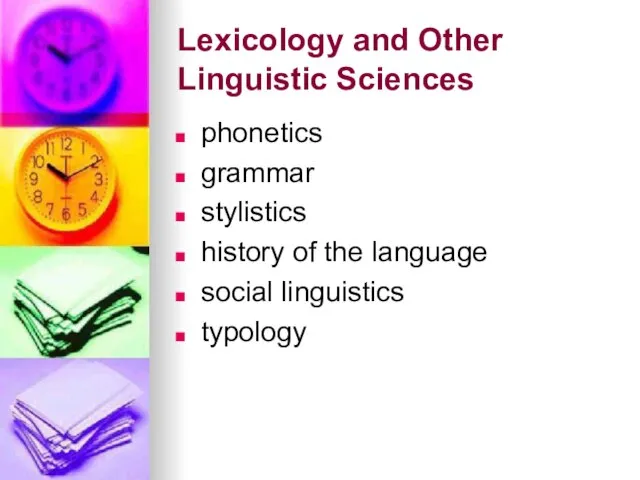 Lexicology and Other Linguistic Sciences phonetics grammar stylistics history of the language social linguistics typology