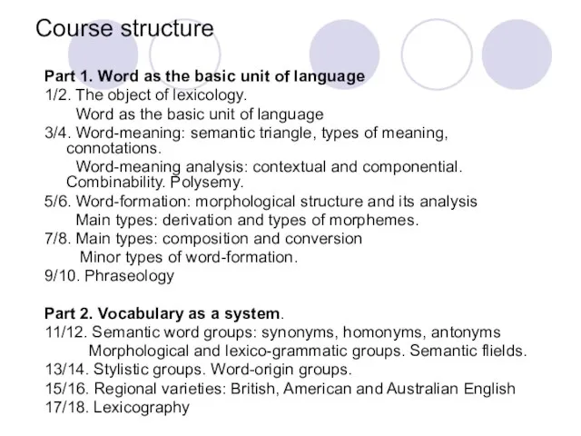 Course structure Part 1. Word as the basic unit of language 1/2.
