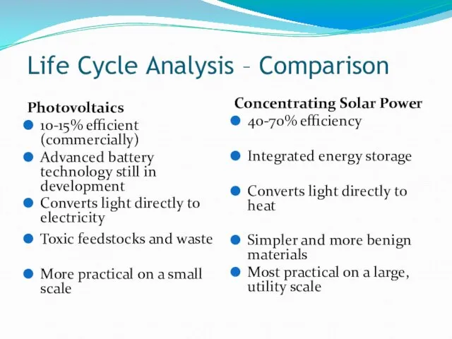 Photovoltaics 10-15% efficient (commercially) Advanced battery technology still in development Converts light