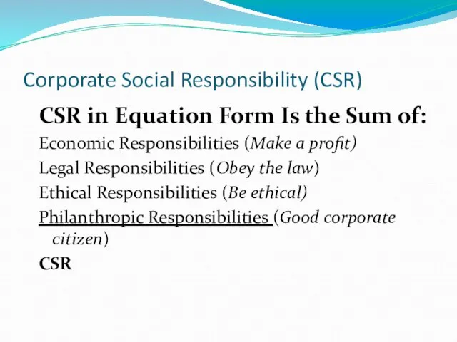 Corporate Social Responsibility (CSR) CSR in Equation Form Is the Sum of: