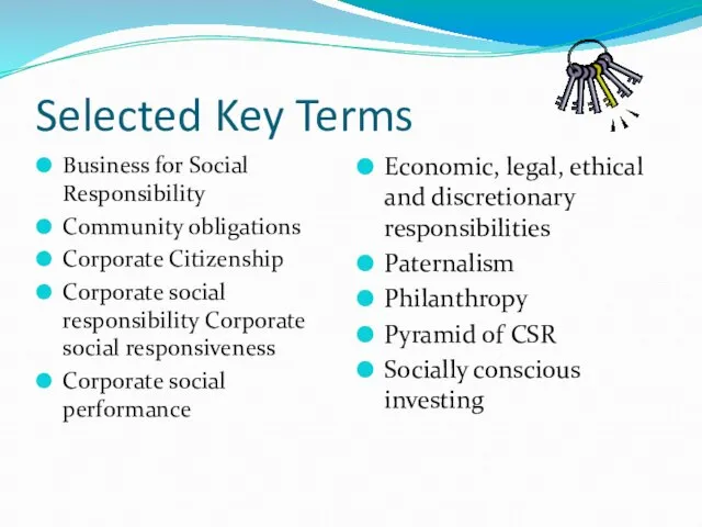 Selected Key Terms Business for Social Responsibility Community obligations Corporate Citizenship Corporate