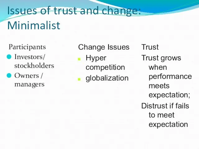 Issues of trust and change: Minimalist Participants Investors/ stockholders Owners / managers