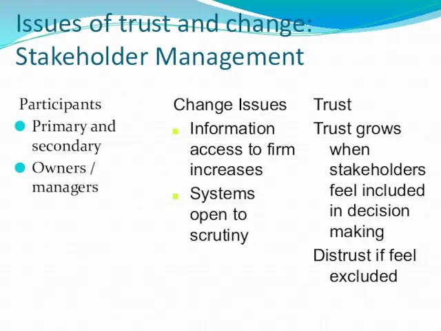 Issues of trust and change: Stakeholder Management Participants Primary and secondary Owners