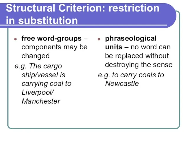 Structural Criterion: restriction in substitution free word-groups – components may be changed