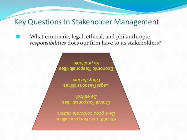 Key Questions In Stakeholder Management What economic, legal, ethical, and philanthropic responsibilities