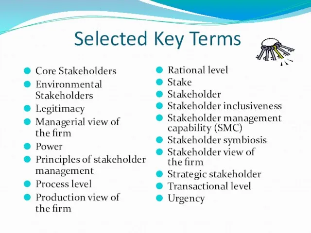 Core Stakeholders Environmental Stakeholders Legitimacy Managerial view of the firm Power Principles