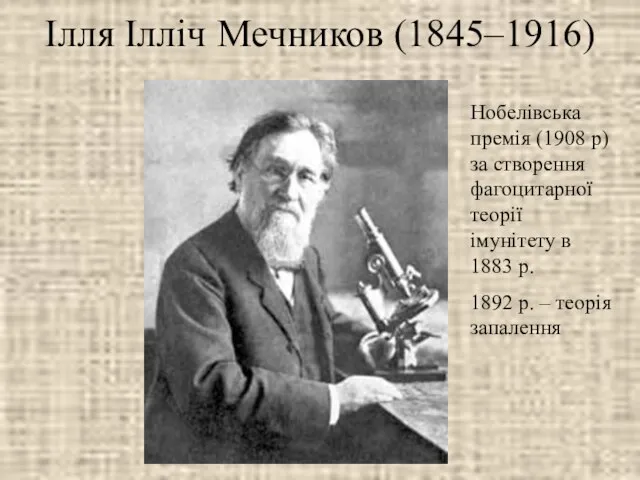 Ілля Ілліч Мечников (1845–1916) Нобелівська премія (1908 р) за створення фагоцитарної теорії