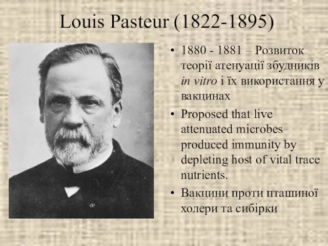 Louis Pasteur (1822-1895) 1880 - 1881 – Розвиток теорії атенуації збудників in